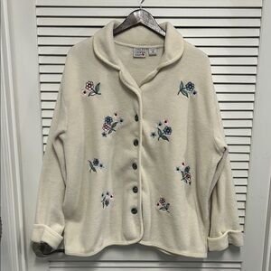 Cream Floral Embroidered Fleece Button Up Jacket